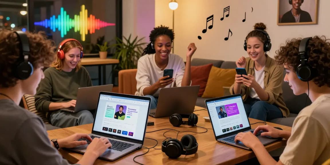Tubidy music lovers exploring diverse MP3 downloads in an engaging urban lounge, celebrating vibrant music culture.