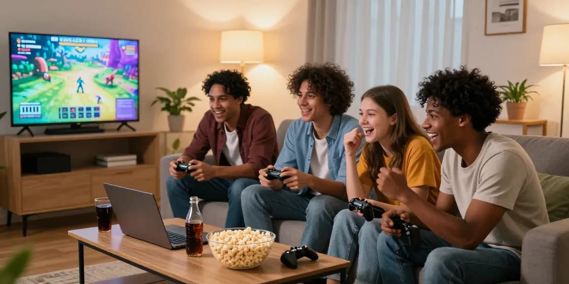 Group of friends enjoying free games together in a cozy living room