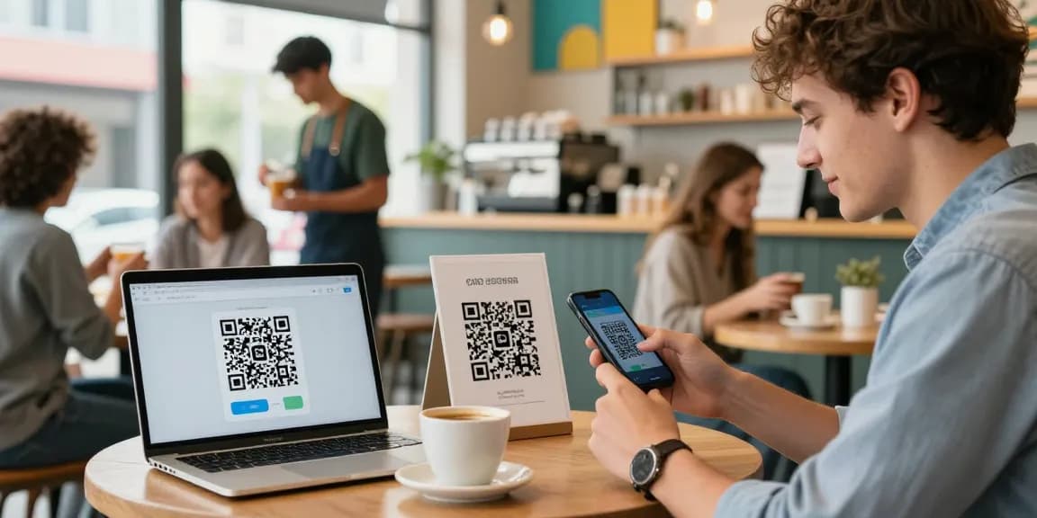 Young man using a qr code scanner on his smartphone in an urban cafe.