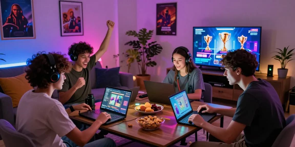 Experience the excitement of MPOSPORT with friends in a vibrant gaming setup at home.