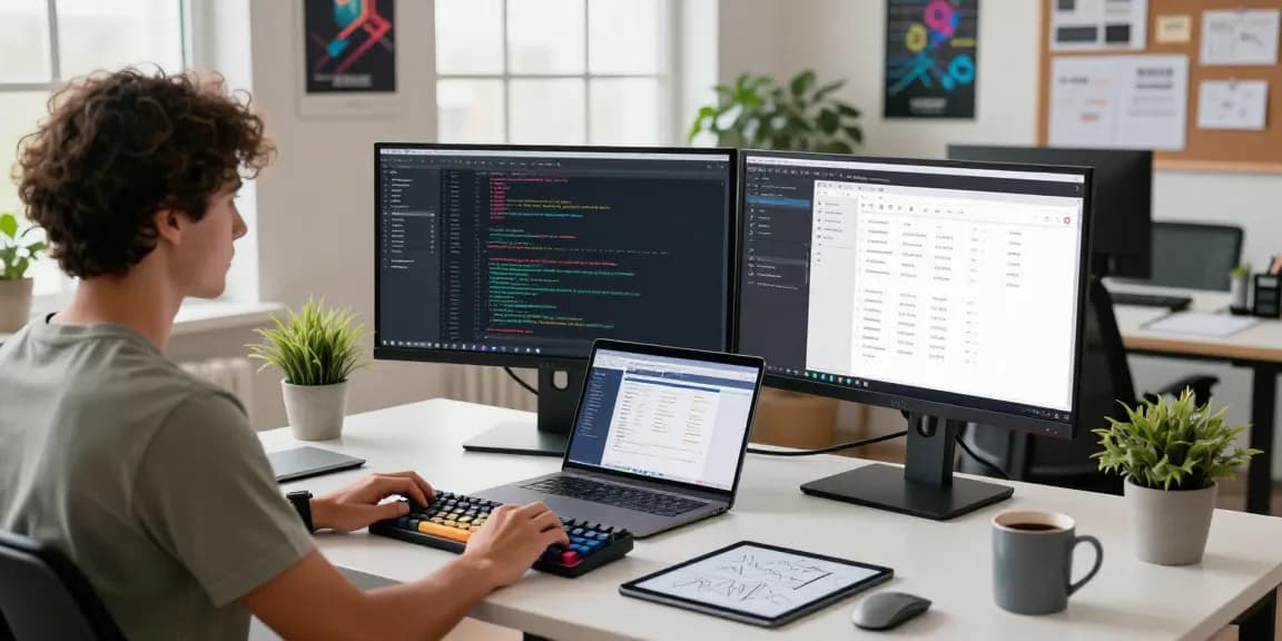 Programmer at modern workspace with BOSEMPIRE project displayed on dual monitors in bright, innovative atmosphere.