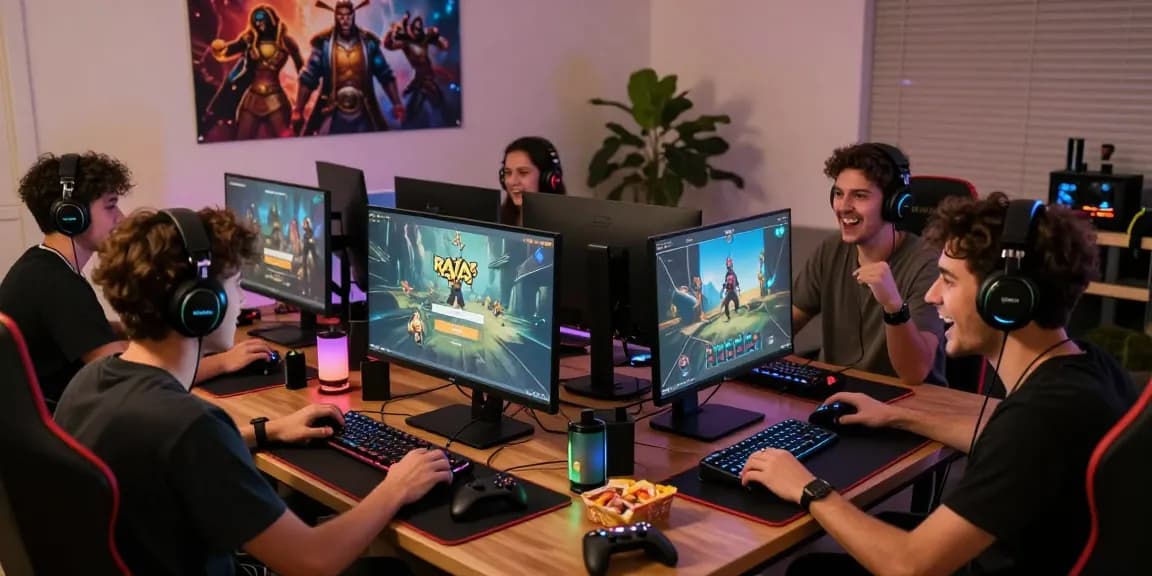 Excited friends preparing for Raja Game login in a cozy gaming setup with colorful lights.