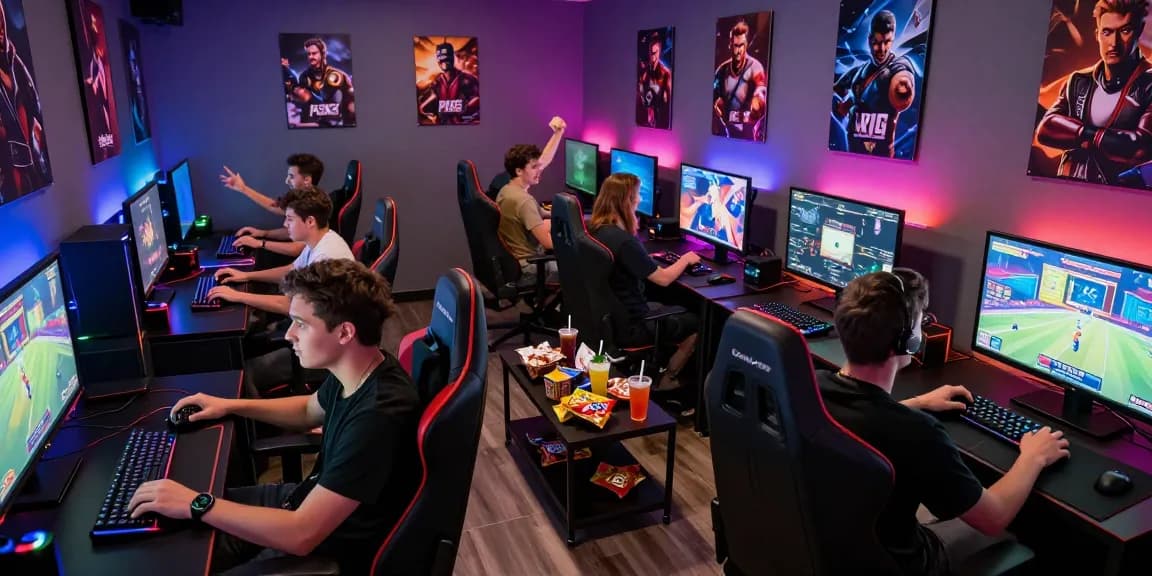 Friends enjoying a multiplayer session of pk365-game in a vibrant gaming room filled with LED lights.