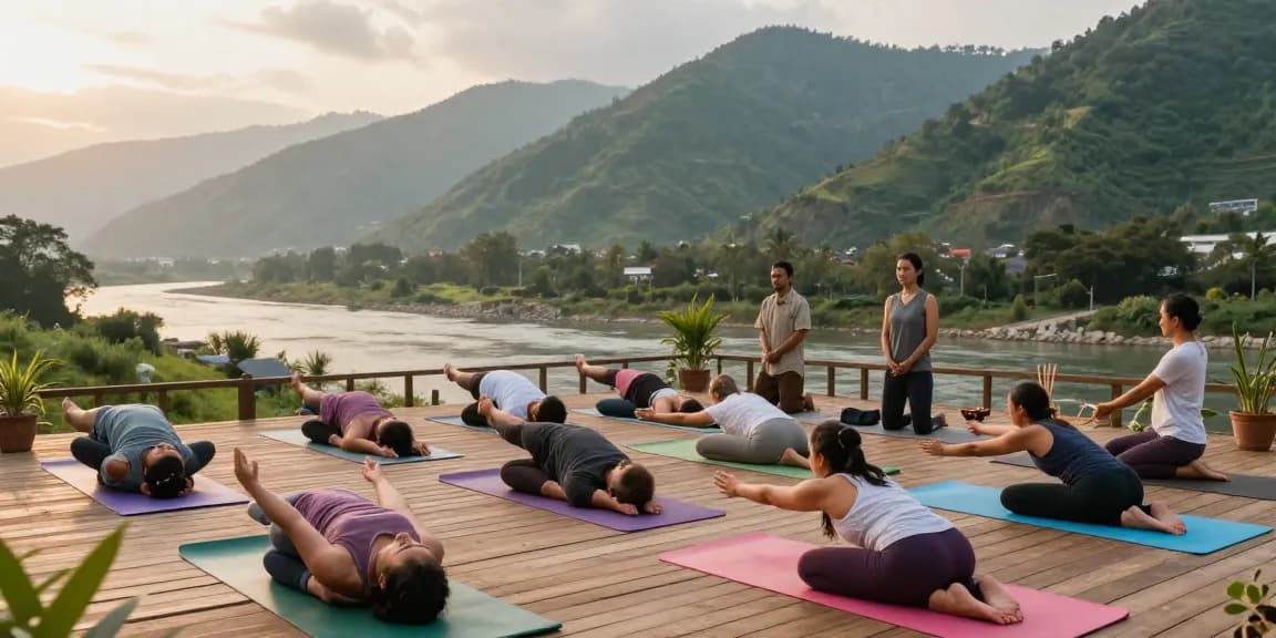 Yoga teacher training in Rishikesh, students practicing yoga with stunning mountain views.