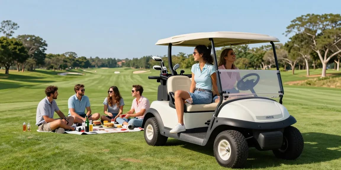 Group of friends with a golf cart lift kit enjoying a sunny day on the golf course.