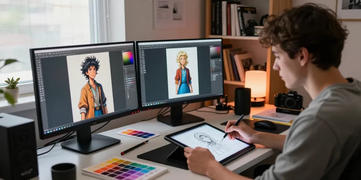 Creating NSFW AI art in a vibrant studio with digital tools and materials