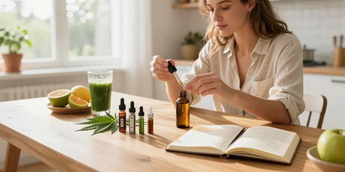 Legal vaping age in Cyprus emphasized with CBD oil bottle and vape devices in a bright kitchen wellness scene.