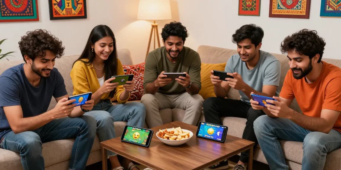 Friends enjoying 3 Patti Gold download on smartphones in a cozy living room.