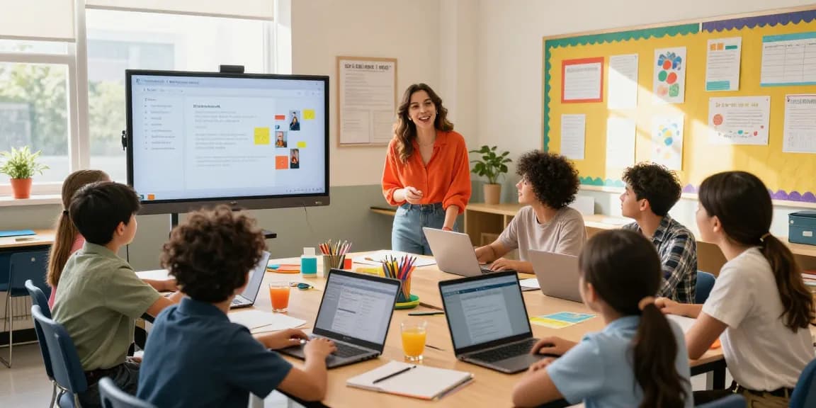 Interactive classroom with teacher using EMStudio, an online teacher planner for efficient lesson planning and classroom management.