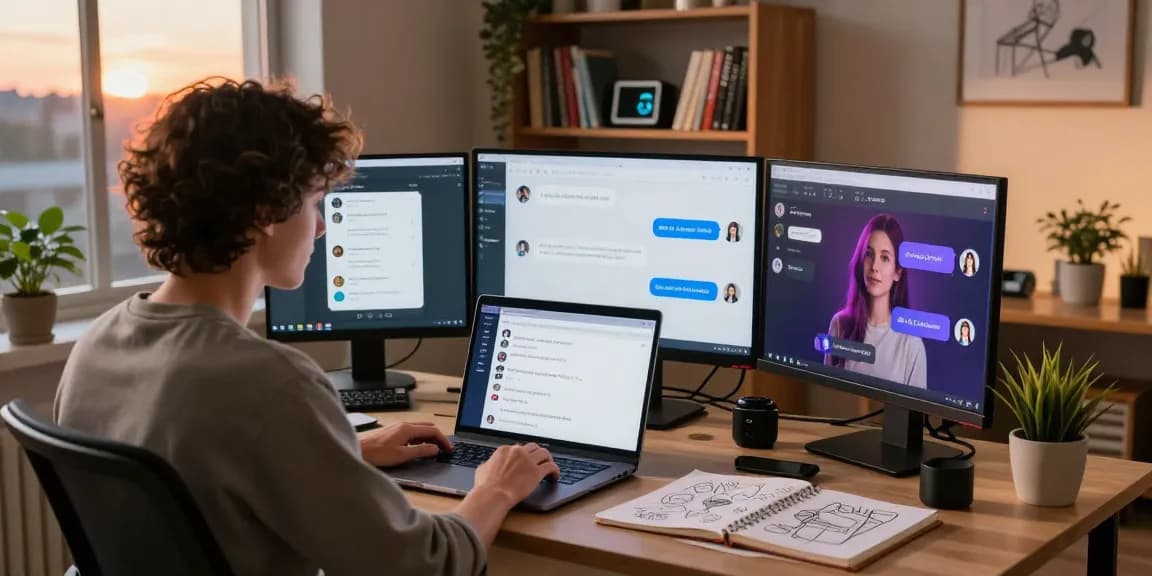Engaging with an AI sex chat in a cozy home office, showcasing a laptop screen with chatbot interactions.