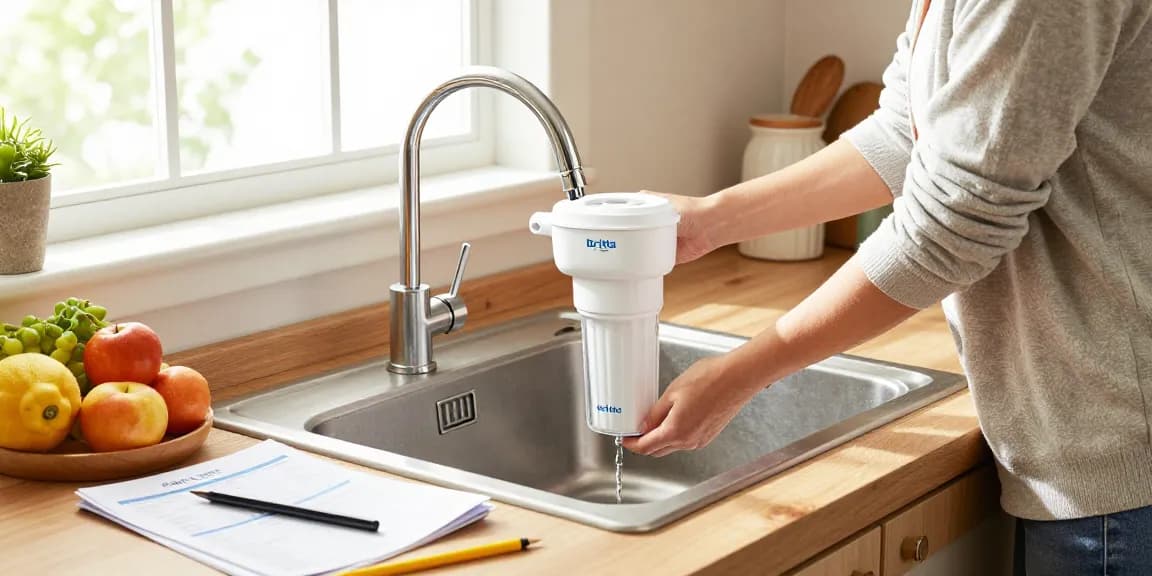 AQUA CREST Alkaline Faucet Water Filter being installed in a bright kitchen for enhanced water quality.
