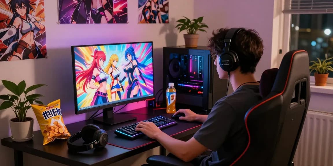 Exciting gaming setup showcasing hentai games on monitor with colorful anime characters.