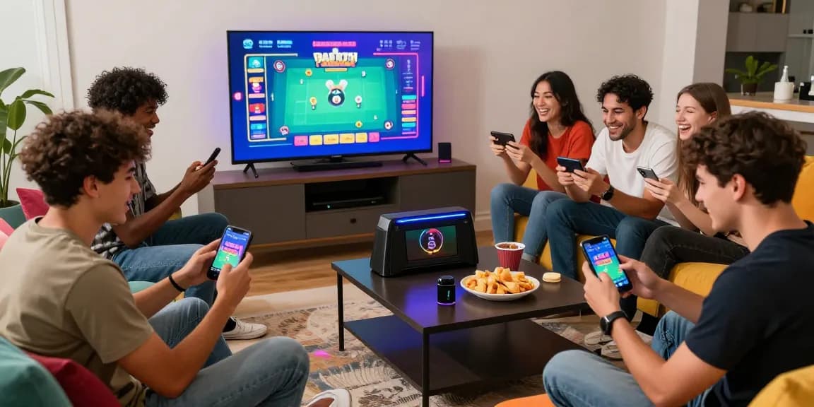 Friends playing Teen Patti Gold on smartphones in a lively living room.