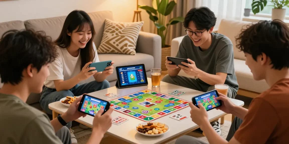 Group of friends enjoying Card Rummy APK with app link on smartphones in cozy living room.