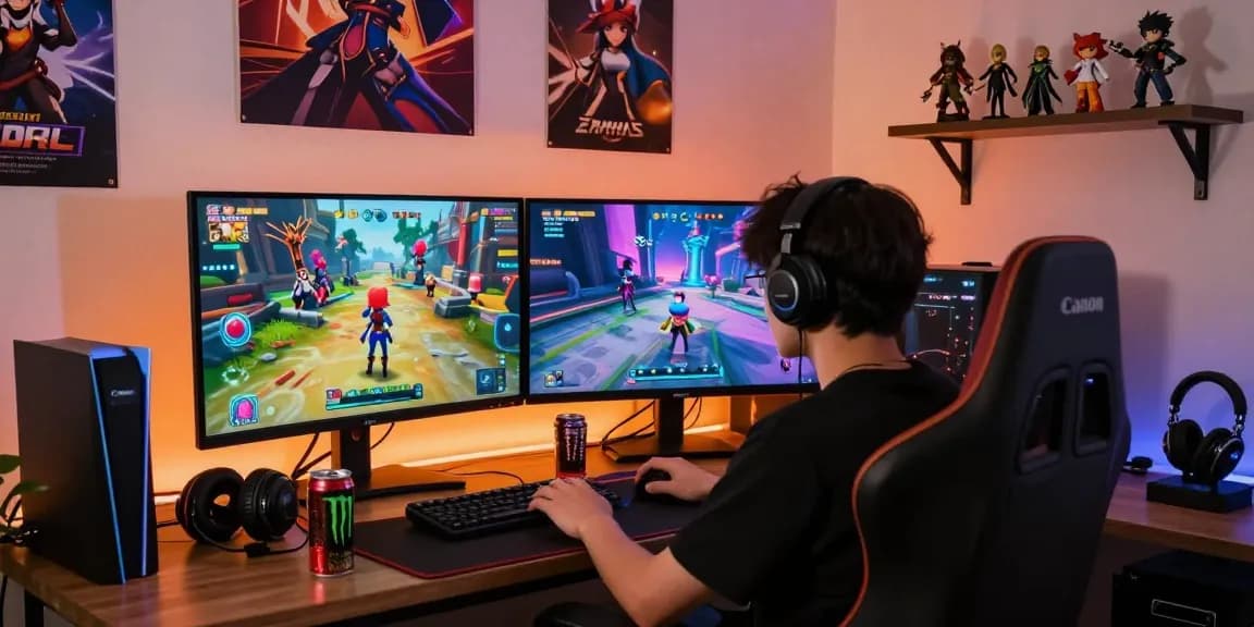 Immersive 3D hentai game scene showcasing a player in a vibrant gaming room.
