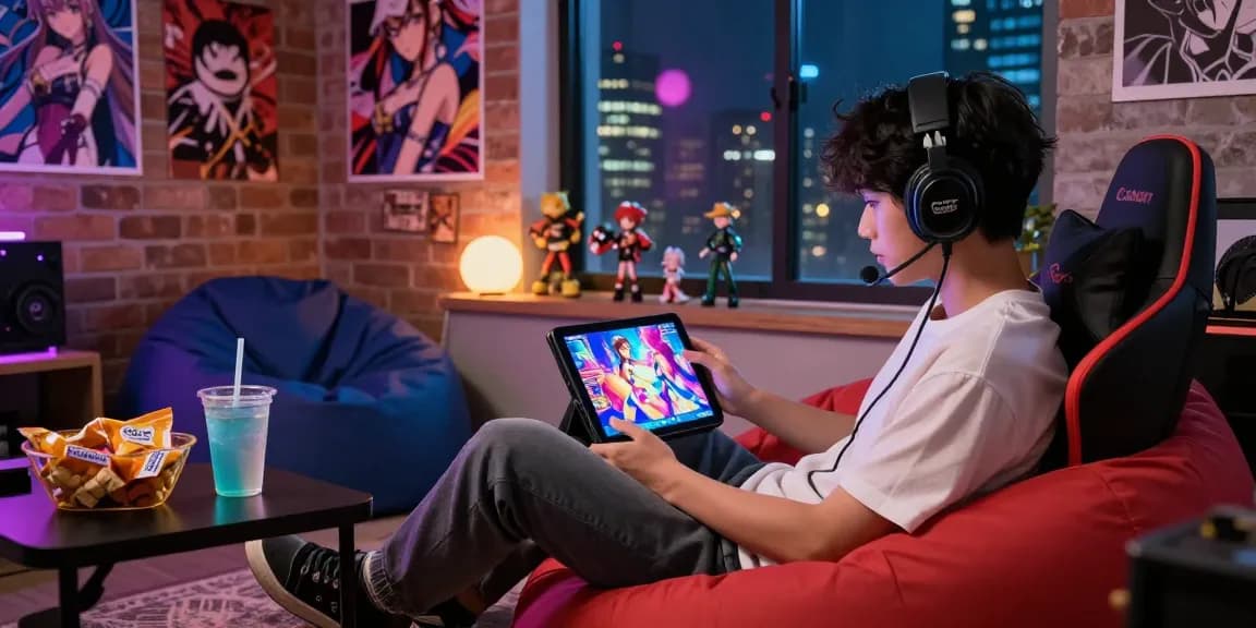 Engaging scene of a gamer playing hentai games on a tablet in a cozy nook with anime decor.