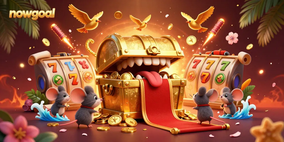 Experience thrilling wins with nowgoal's vibrant 3D illustration of a treasure chest enticing adventurers in a lively casino scene.