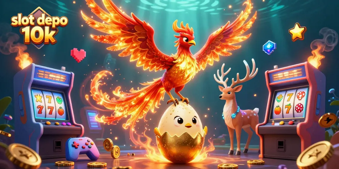 Experience slot depo 10k with vibrant phoenix and gaming elements in a captivating arena.