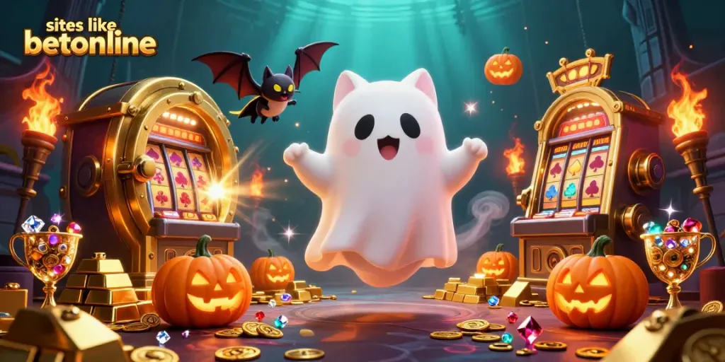 Engage with sites like betonline, exploring a vibrant animated ghost cat in a haunted casino scene.