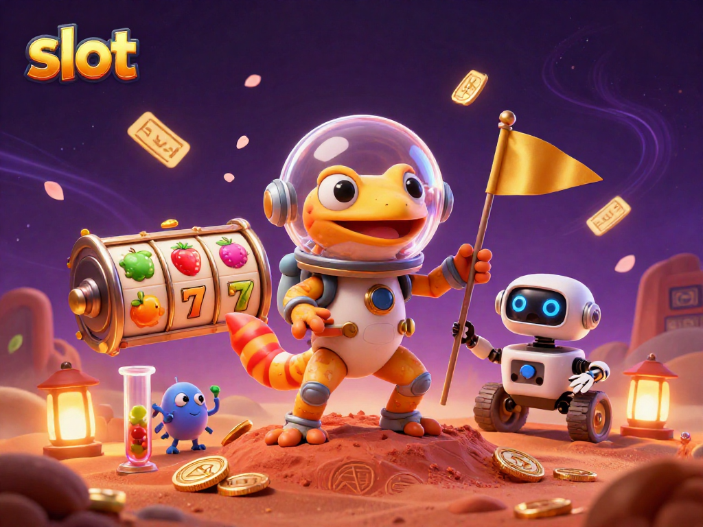 Menangkan slot dengan gecko Martian yang menemukan kasino emas di Mars, ceria dengan tiket emas dan koin berkepulan.