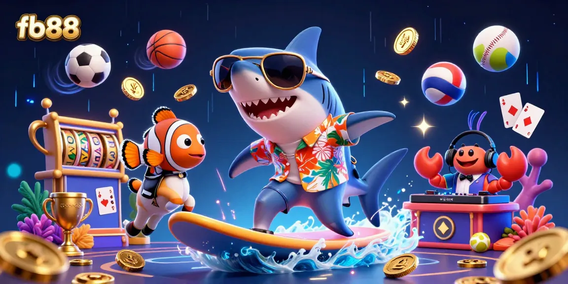 Experience thrilling action at fb88 with a 3D cartoon shark and dynamic gambling elements.