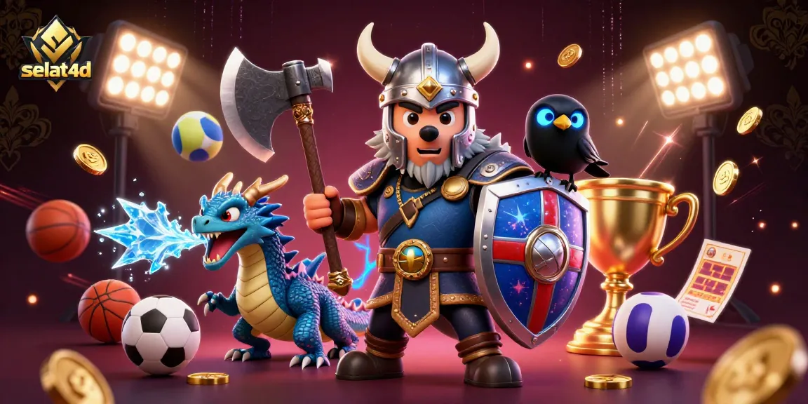 Engage with selat4d's thrilling action featuring a Viking wolf warrior, a fierce dragon, and vibrant sports elements.