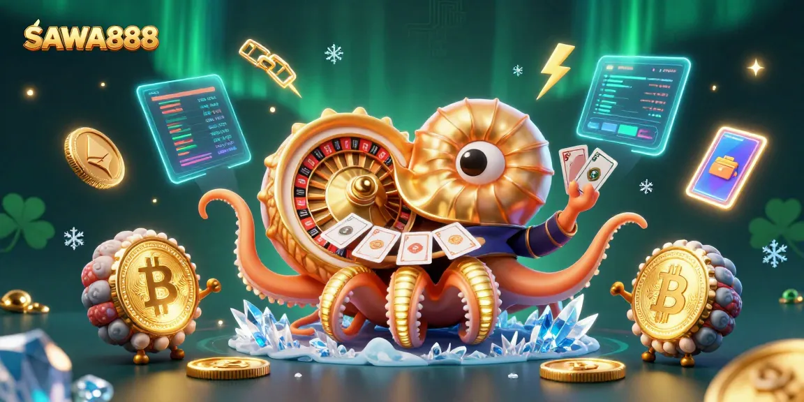 Experience SAWA888's dynamic gaming scene with a giant nautilus holding cards, surrounded by crypto coins and vibrant visuals.