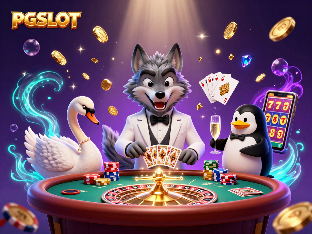 Experience the thrill of PGSLOT with a 3D scene of whimsical characters and captivating casino elements.