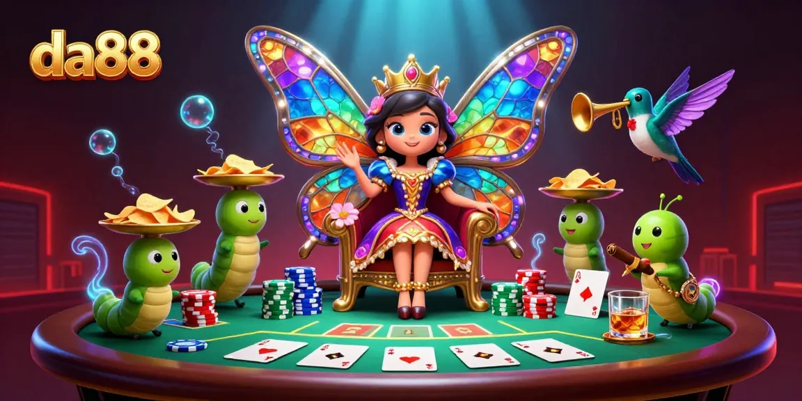 Experience thrilling poker action at da88 with vibrant 3D illustration of a butterfly queen amid chips and cards.