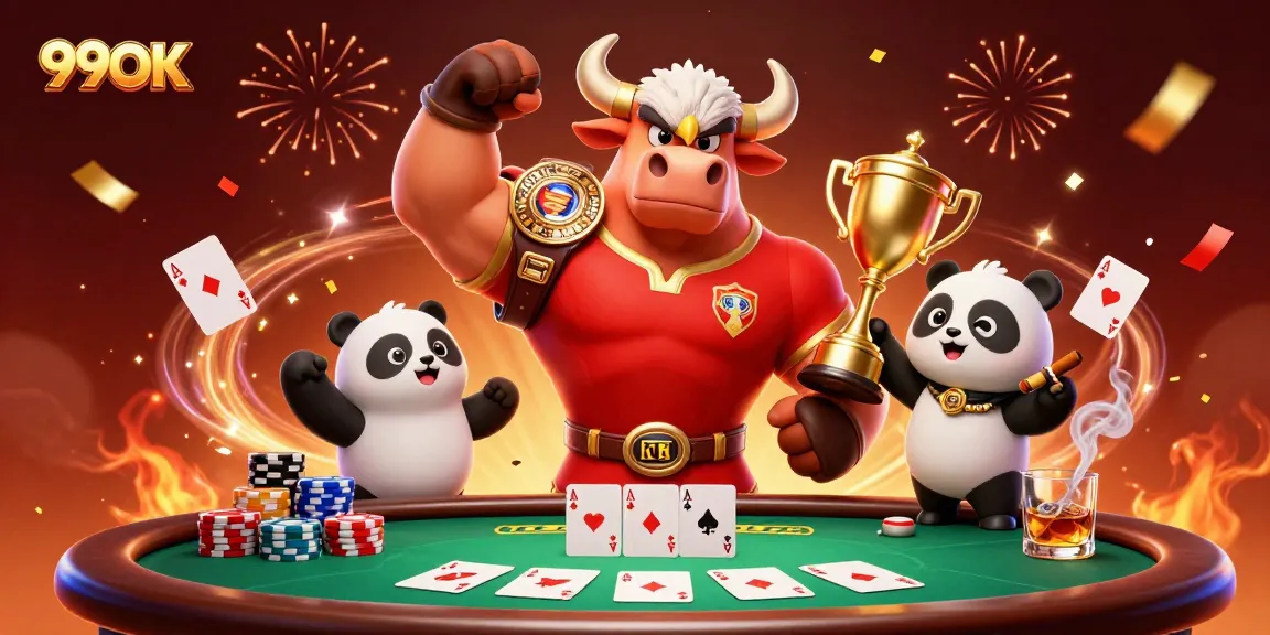 Celebrate wins with 99OK in a vibrant casino scene featuring a bull mascot and poker elements.