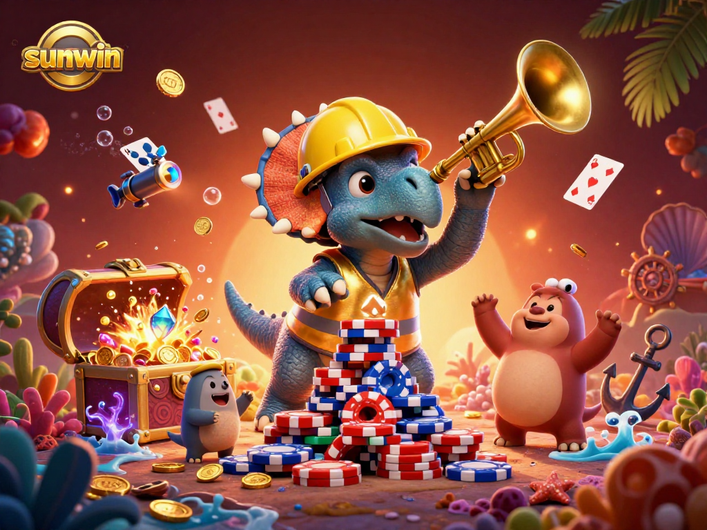 Celebrate winning at sunwin with a vibrant 3D illustration showcasing playful dinosaur characters and casino elements.