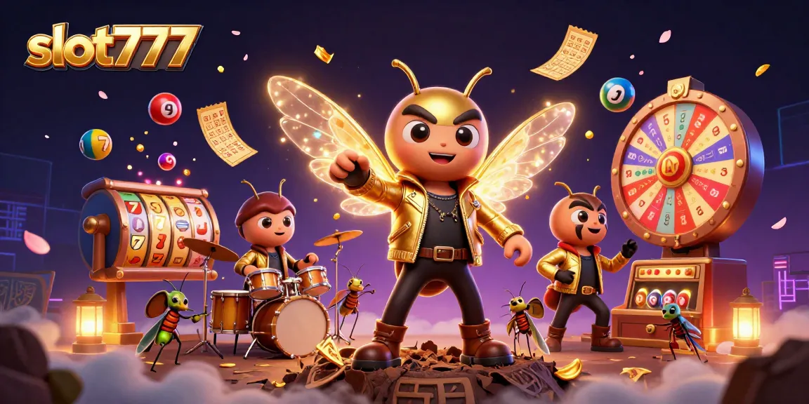 Experience the thrill of slot777 with an electrifying 3D illustration of a cicada rock star performing alongside vibrant slot reels.