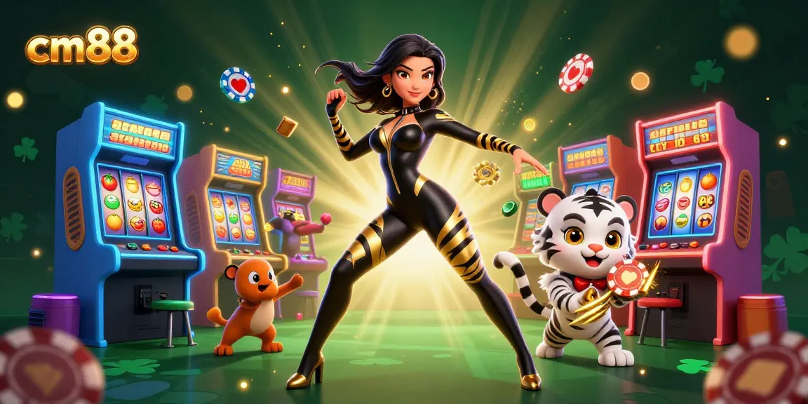 Experience the excitement of cm88 with a captivating illustration showcasing an acrobatic woman around casino elements.