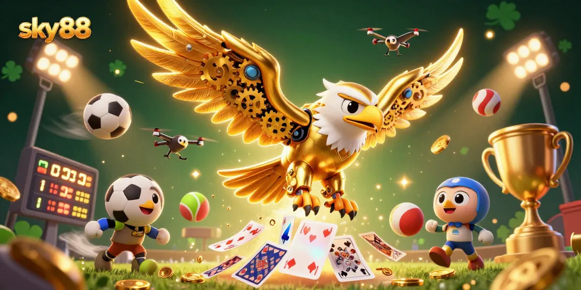 Sky88 features a golden eagle diving through holographic cards, highlighting thrilling betting action.