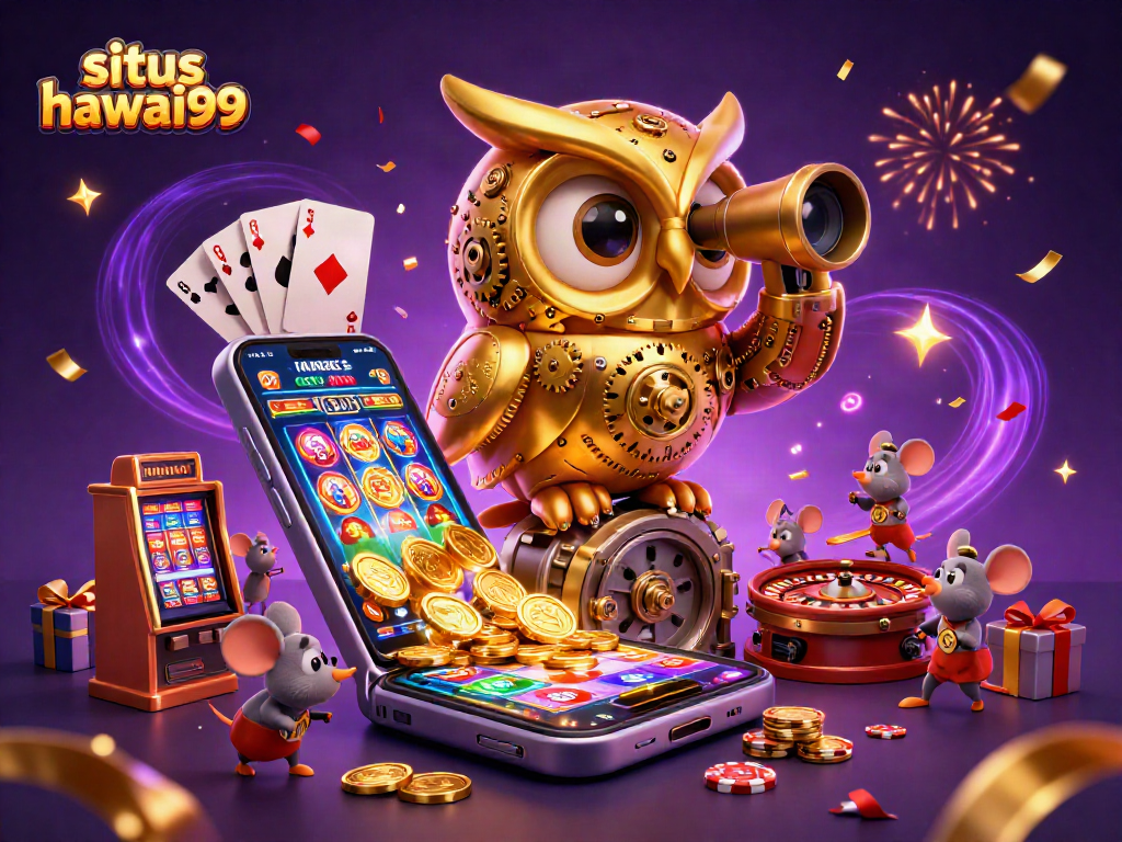 Experience the magic of situs hawai99 with a dynamic casino-themed 3D illustration featuring vibrant game elements.