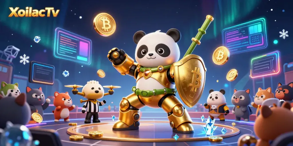 Betting with XoilacTv in a vibrant arena surrounded by animated characters and digital crypto elements.