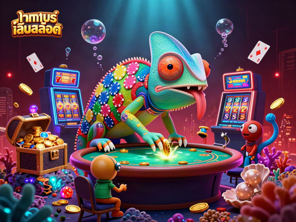 Experience ทดลองเล่นสล็อต with a vibrant chameleon casino owner amidst a packed scene of slots and treasure.
