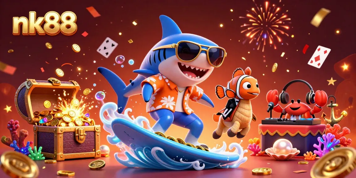 Engage in thrilling nk88 gaming with a shark surfer, colorful sea creatures, and festive underwater elements.