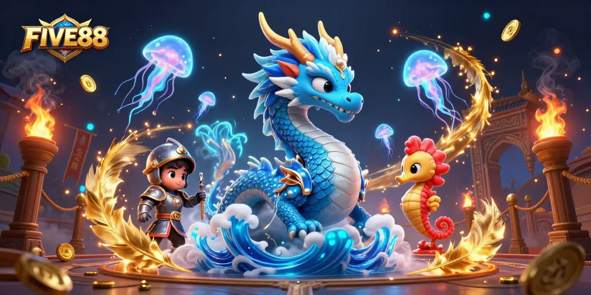 Immerse in FIVE88's casino magic with the azure dragon and seahorse knight in a vibrant battle scene.