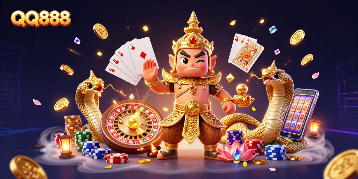 Engage in thrilling gameplay with QQ888 featuring vibrant casino elements and dynamic characters.