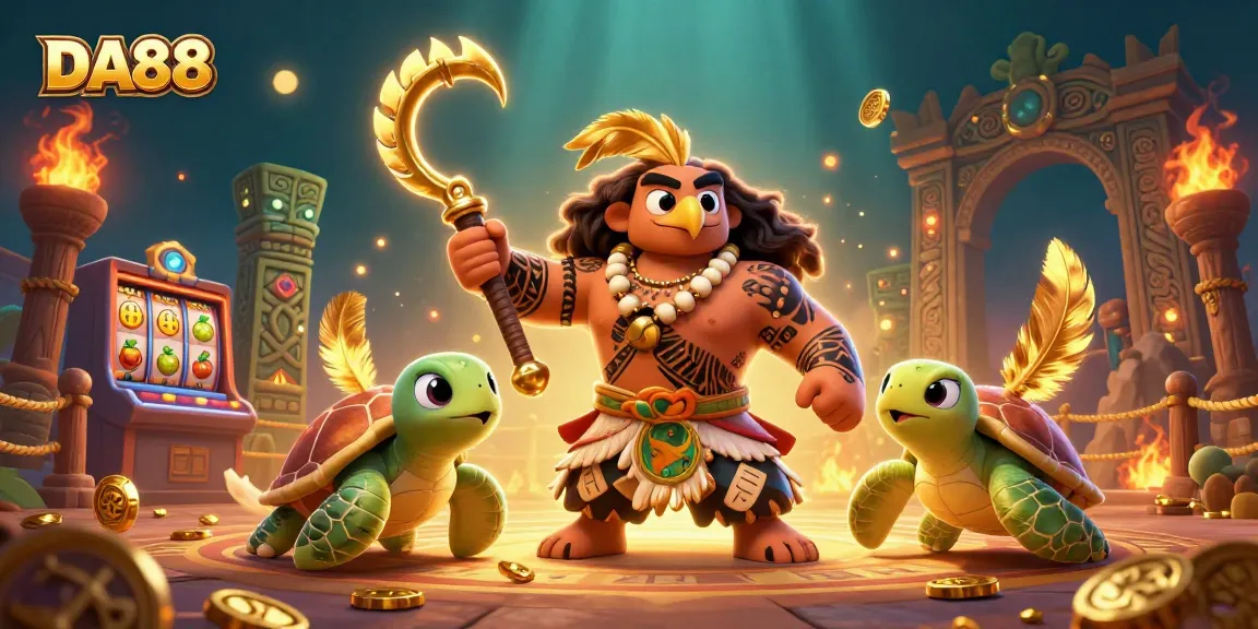 Engage with DA88's thrilling 3D cartoon casino scene featuring a demigod hawk, gold tokens, and exciting gambling elements.