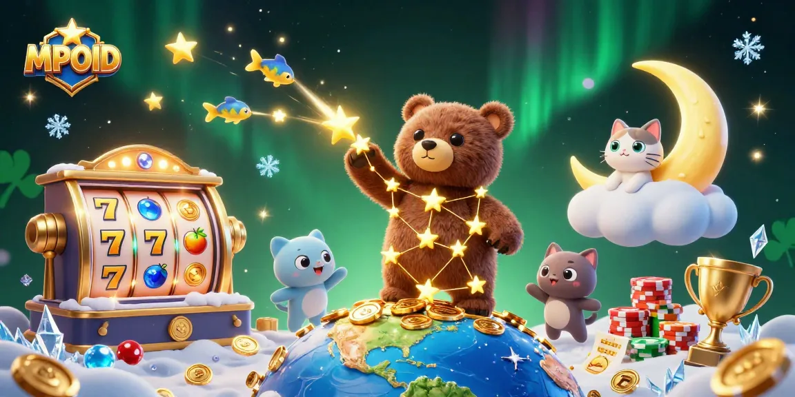 MPOID presents a vibrant illustration of a constellation bear scooping coins in a lively casino atmosphere.