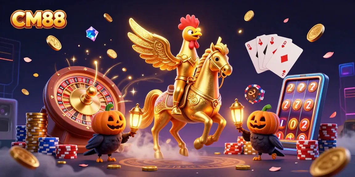 Engage in the casino magic of CM88 with golden rooster headless horseman amidst dynamic gambling elements.