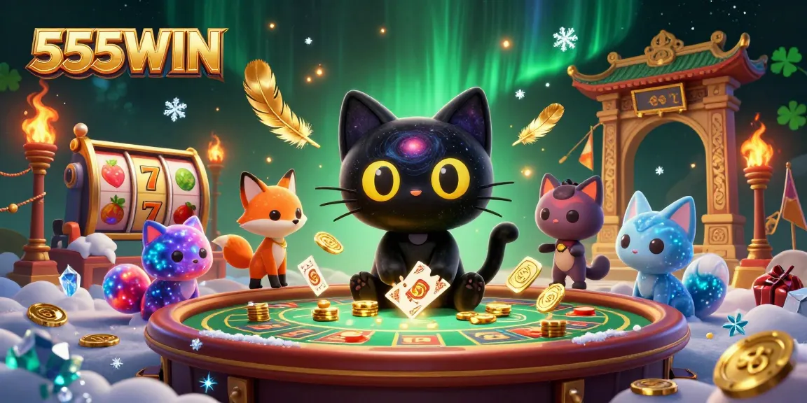 Engage with 555WIN's cosmic slots as the black hole cat pulls in winnings amidst colorful nebula effects.
