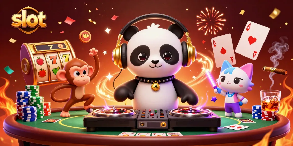 Spin the reels and celebrate wins in this vibrant slot-themed 3D illustration featuring cartoon characters.