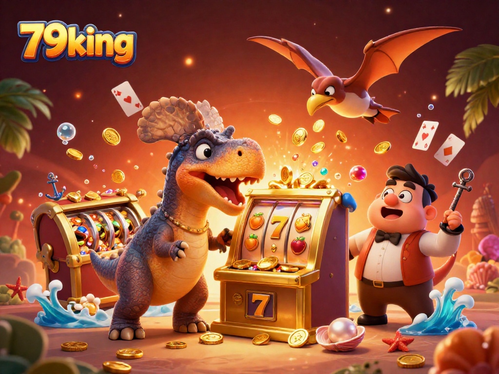 Engage with 79king as a vibrant pachycephalosaurus celebrates jackpot wins at a bustling casino scene.