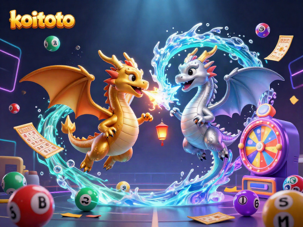 Koitoto engages players with a vibrant 3D casino scene featuring twin dragons and lottery elements.