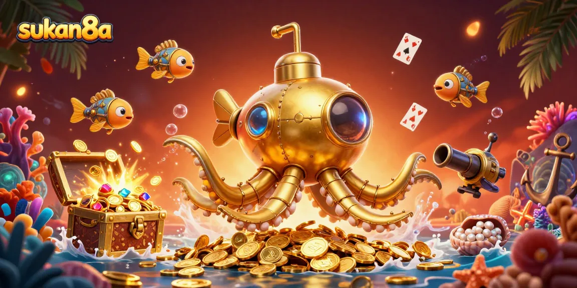 Sukan8a showcases a vibrant underwater casino scene filled with gold coins, mechanical fish, and a golden kraken submarine.