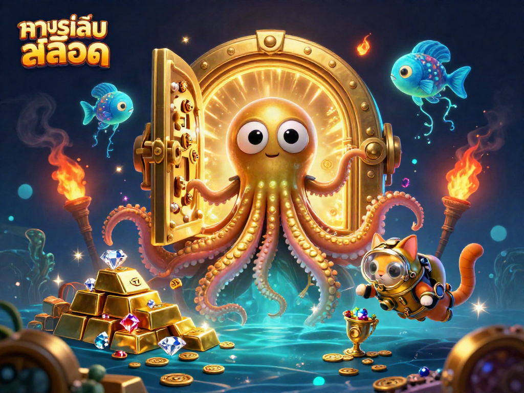 Experience ทดลองเล่นสล็อต with a colossal kraken and diving cat surrounded by treasures and slot reels.
