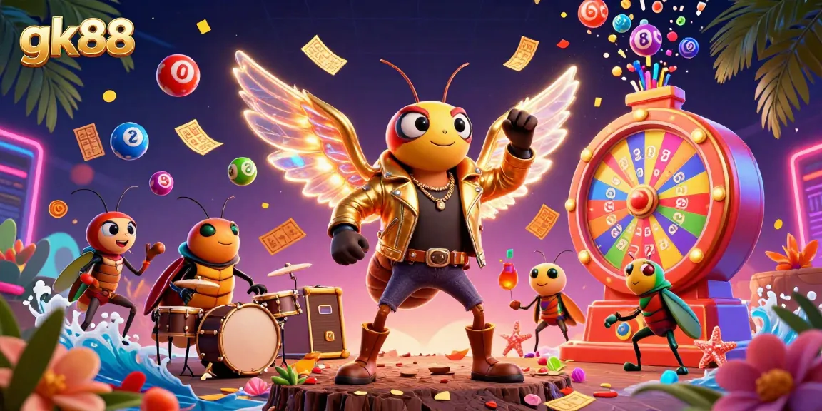Experience excitement with gk88, featuring dynamic lottery balls, a rock star cicada, and vibrant casino elements.